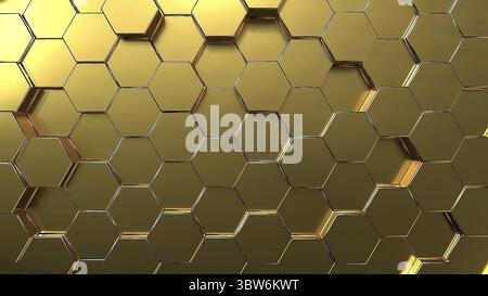 Golden hexagon honeycomb movement background. Gold abstract art and geometric concept. 3D illustration rendering Stock Photo