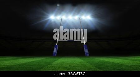 Rugby goalpost is standing floodlit on grass turf with padded base in flat design at night Stock Photo