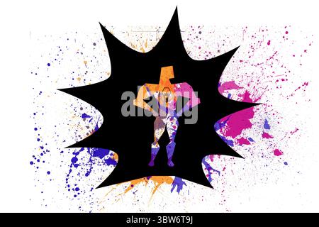 Showing stylized superhero light bulb head in starburst splashing rainbow paint on white backdrop Stock Photo