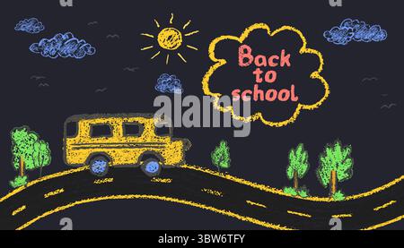 Yellow school bus on a road with trees, sun, clouds and folk of birds in the sky. Wax crayon style, drawn like on black chalkboard. Fun kindergarten Stock Vector