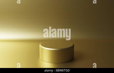 Gold product stand on golden background. Abstract minimal geometry concept. Studio podium platform theme. Exhibition and business marketing presentati Stock Photo