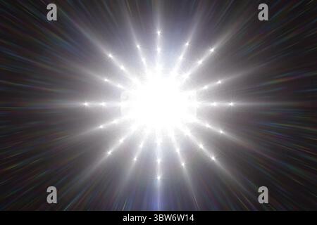 Bright white starburst is radiating in abstract flat design with multicolored radial light streaks Stock Photo