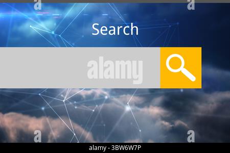 Showing grey search bar on cloudy network backdrop, yellow button with magnifier icon, Search text Stock Photo