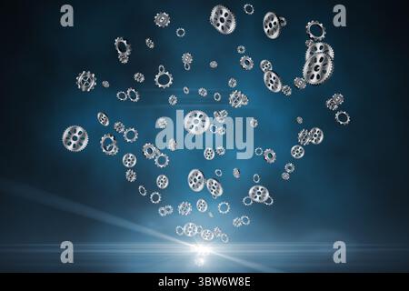 Floating metallic gears spiraling upward from glowing white light against blue gradient backdrop Stock Photo