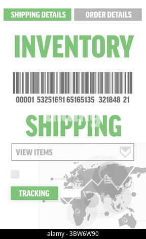 Flat design shipping inventory panel is showing green tabs, barcode, tracking button and world map Stock Photo