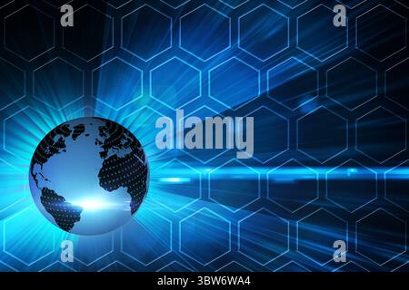 Stylized Earth globe shining in vector with binary hexgrid overlay radial beams horizontal streaks Stock Photo