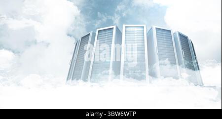 Six metallic server racks are rising from billowing clouds with glowing glass panels in flat design Stock Photo
