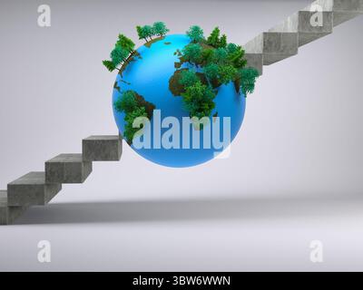 Stylized Earth globe is hovering in flat design, with green forest clusters and concrete stairs Stock Photo