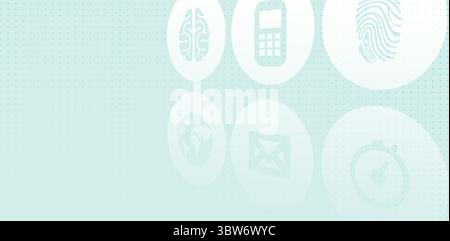 Displaying six floating white tech icons on pale turquoise gradient dotted grid, flat graphic style Stock Photo