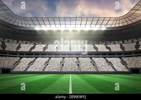 Showing soccer stadium interior in flat design featuring green pitch, seating tiers and floodlights Stock Photo