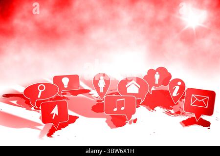 World map flat design is displaying red icon markers over red cloudy gradient with bright flare Stock Photo