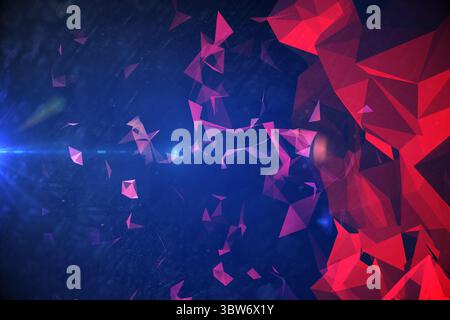 Red polygon cluster with purple-pink shards are floating in digital art space, showing lens flare Stock Photo
