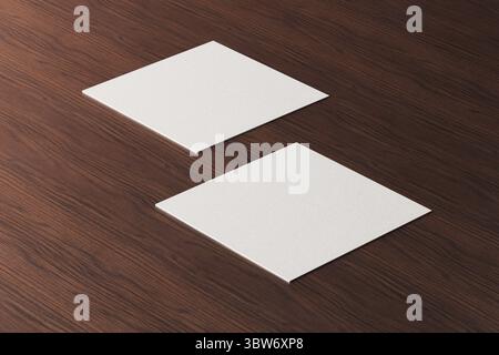 White square shape paper business card mockup on wooden brown table background. Branding presentation template print graphic design. Two cards mock up Stock Photo