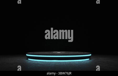 High-tech product podium platform studio in dark spaceship with glowing illumination neon blue light background. Hi-tech retro stage and Future scienc Stock Photo