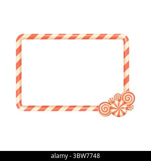 Rectangular striped candy cane frame with peppermint swirl candies in the corner. Suitable for Christmas print or digital templates. Stock Vector