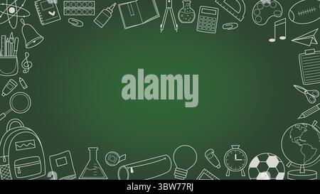 Horizontal mockup of back to school. Border with stationery and school items and copy space. Doodle icons frame on green chalkboard. Banner, vector gr Stock Vector
