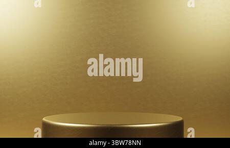 Gold product stand on golden background. Abstract minimal geometry concept. Studio podium platform theme. Exhibition and business marketing presentati Stock Photo