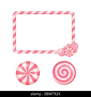 Horizontal pink candy cane frame with swirled peppermint sweets and two loose candies. Perfect for Christmas templates and layouts. Stock Vector