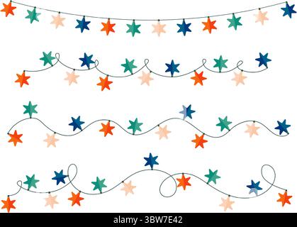 Horizontal curved Christmas light string stylized frame. Festive vector classic star shaped bulbs garland border. Stock Vector