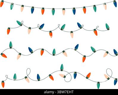 Horizontal curved Christmas light string stylized frame. Festive vector classic oval shaped bulbs garland border. Stock Vector