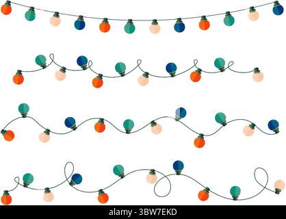 Horizontal curved Christmas light string stylized frame. Festive vector classic rounded shaped bulbs garland border. Stock Vector