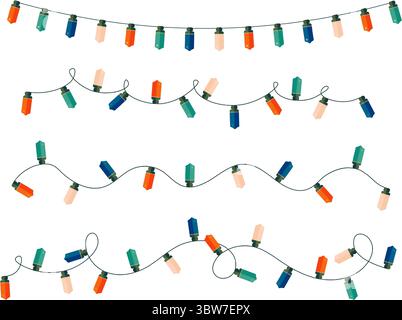 Horizontal curved Christmas light string stylized frame. Festive vector classic bulbs garland border. Stock Vector