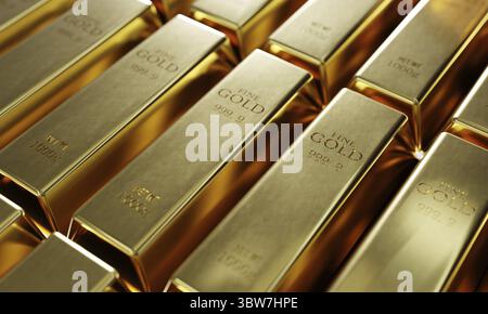 Shiny pure gold bars in a row background. Wealth and economic concept. Business gold future investment and money saving theme. 3D illustration renderi Stock Photo