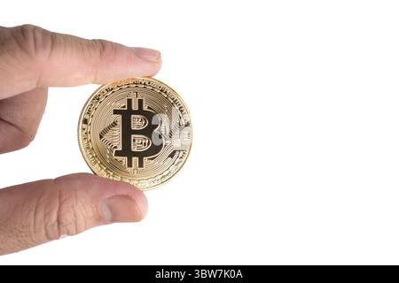 Bitcoin on isolated white background. Cryptography and Electronic money concept. Currency trading and Gold mining theme. Business and Technology theme Stock Photo