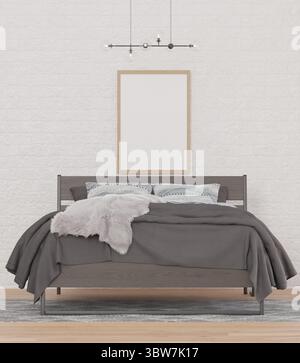 Loft style bedroom and brick wall, mock up frame and copy space- 3d rendering - Stock Photo
