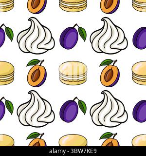 Seamless vector pattern of delicious macarons, plums, and whipped cream swirls, a delightful illustration for culinary designs. Stock Vector