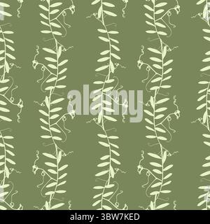 Pattern with twigs of herbaceous plant with curling tendrils and leaves, possibly Mouse Pea. Ornament , textile. Light silhouette on green background. Stock Vector