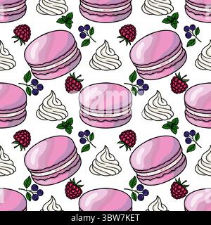 Seamless vector pattern of pink macarons, whipped cream, raspberries, and blueberries, a delightful illustration for bakery or dessert-themed designs. Stock Vector
