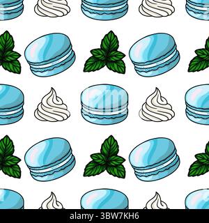 Seamless vector pattern of light blue macarons, whipped cream swirls, and fresh mint leaves, creating a delightful and appetizing design for culinary Stock Vector