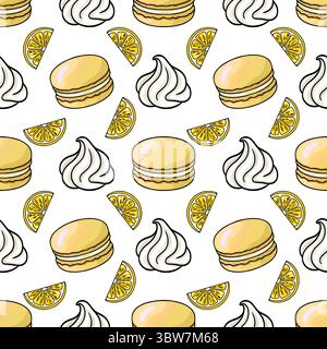 Delightful vector seamless pattern featuring lemon macarons, swirls of whipped cream, and vibrant lemon slices, creating a cheerful and appetizing des Stock Vector
