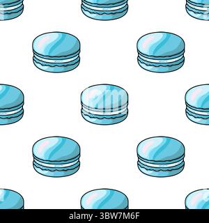 Seamless vector pattern of hand-drawn light blue macarons with textured filling, perfect for bakery branding or sweet-themed design projects. Stock Vector