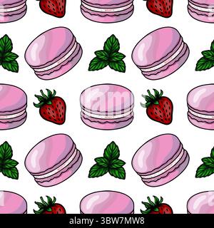 Seamless vector pattern of pink macarons, strawberries, and mint leaves, a delightful illustration for sweet food design projects. Stock Vector