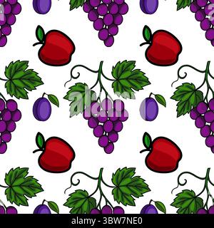 Seamless vector pattern of hand-drawn red apples, purple grapes, and plums on a white background, creating a vibrant and cheerful fruit design. Stock Vector