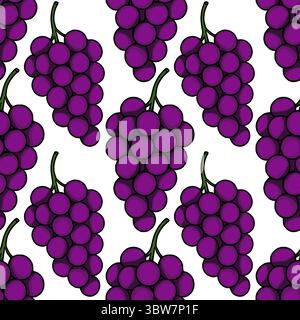 Seamless vector pattern of dark purple grapes bunches, hand-drawn style illustration with bold outlines, perfect for wine label design or fresh fruit Stock Vector