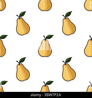Seamless vector pattern of hand-drawn pears with green leaves on a white background, featuring a simple, cartoonish style with bold outlines and a war Stock Vector