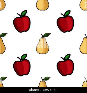 Seamless vector pattern featuring alternating red apples and yellow pears, rendered in a bold, cartoonish style with black outlines against a white ba Stock Vector
