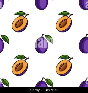 Seamless vector pattern of hand-drawn plums: whole and halved, with vibrant purple and orange hues, featuring detailed pit and leaf illustrations, ide Stock Vector