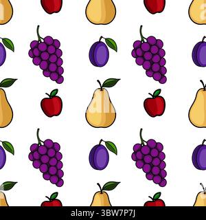 Seamless vector pattern with hand-drawn illustrations of ripe pears, apples, plums, and grapes, arranged in a repeating design on a white background. Stock Vector