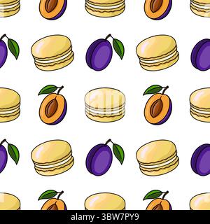 Seamless vector pattern of pastel yellow macarons and halved plums with vibrant purple and orange hues, creating a delightful and appetizing design id Stock Vector