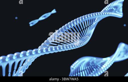 Blue helix DNA Chromosome genetic modification on black background. Science and medical concept. 3D illustration rendering Stock Photo