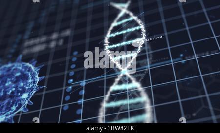 Medical tech spiral DNA Chromosome in virus analysis laboratory on blue grid background. Abstract hologram HUD interface and biology concept. Digital Stock Photo