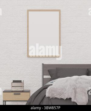 Loft style bedroom and white brick wall, mock up frame and copy space- 3d rendering - Stock Photo
