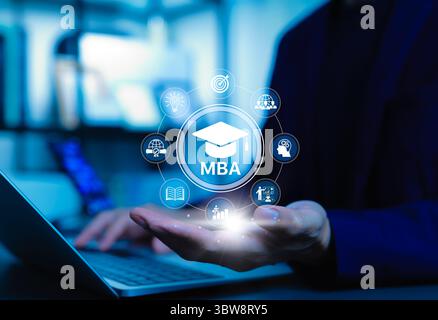 MBA, Master of Business Administration Education Concept. Icons MBA, graduation cap, growth chart, and business symbol, representing higher education, Stock Photo