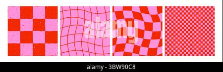 Retro checker pattern backgrounds in red and pink with wavy, distorted grid and grunge texture. Seamless checkerboard vector for funky wallpaper Stock Vector