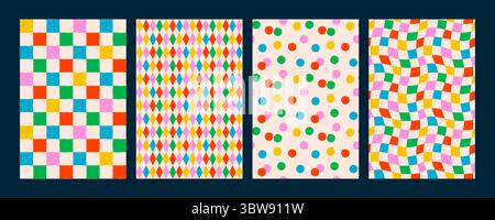 Colorful seamless pattern set with checkered, diamond, dot, and wavy checker designs. Retro confetti pattern background with bright abstract vector Stock Vector