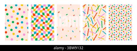 Seamless patterns with confetti dot, wavy checker, curved square and abstract streamers confetti in colorful retro style. Confetti and checker Stock Vector